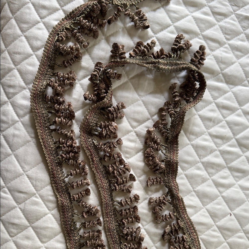 Elegant and New decorative tassel trim in warm green. 2 2 1/2 yards